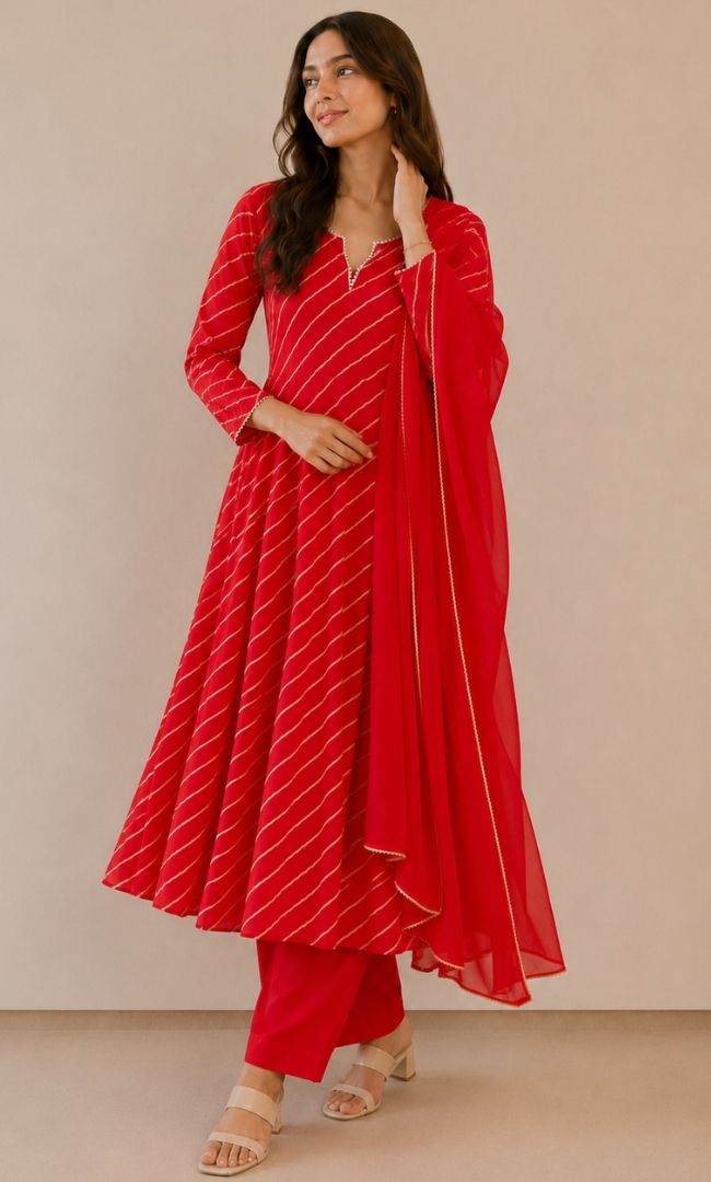 Red White Striped Leheriya Anarkali Set