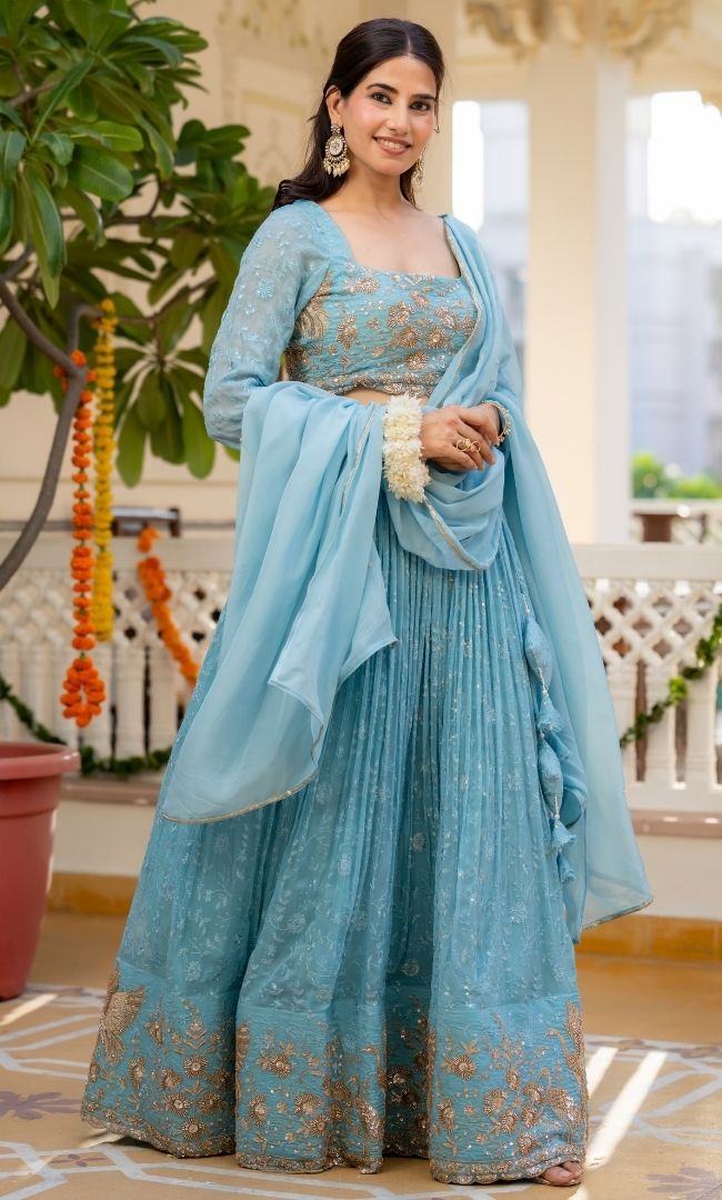 Aasmaani Blue Organza Lehenga Set