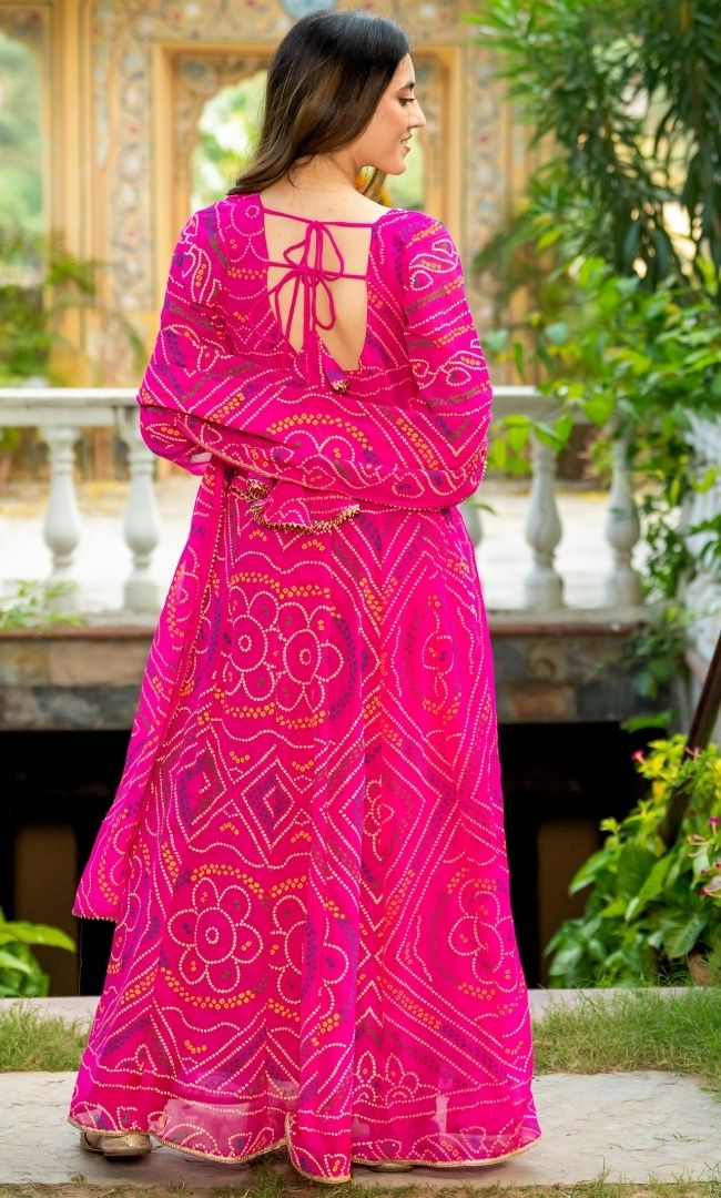 Fuchsia Pink Bandhej Anarkali Set