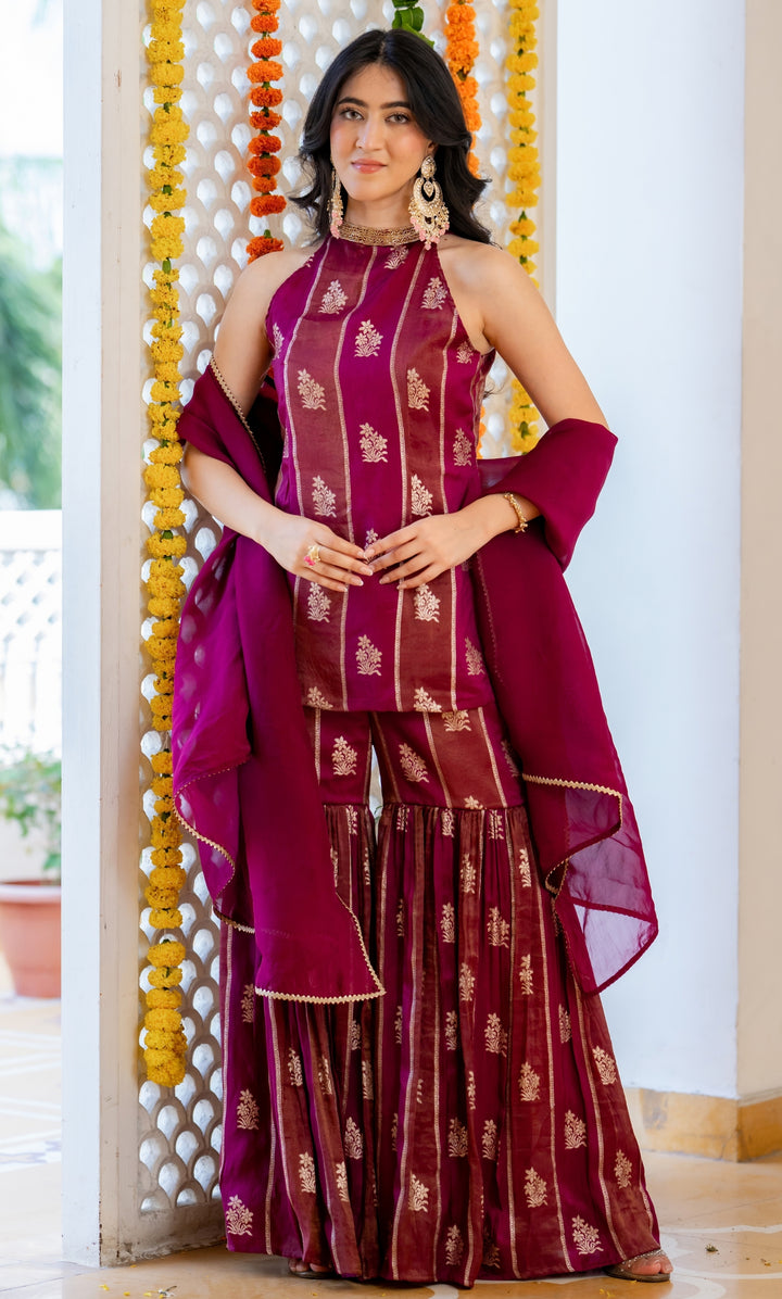 Alira Wine Brocade Sharara Set