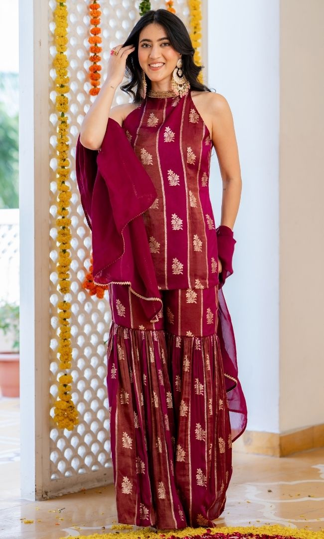 Alira Wine Brocade Sharara Set