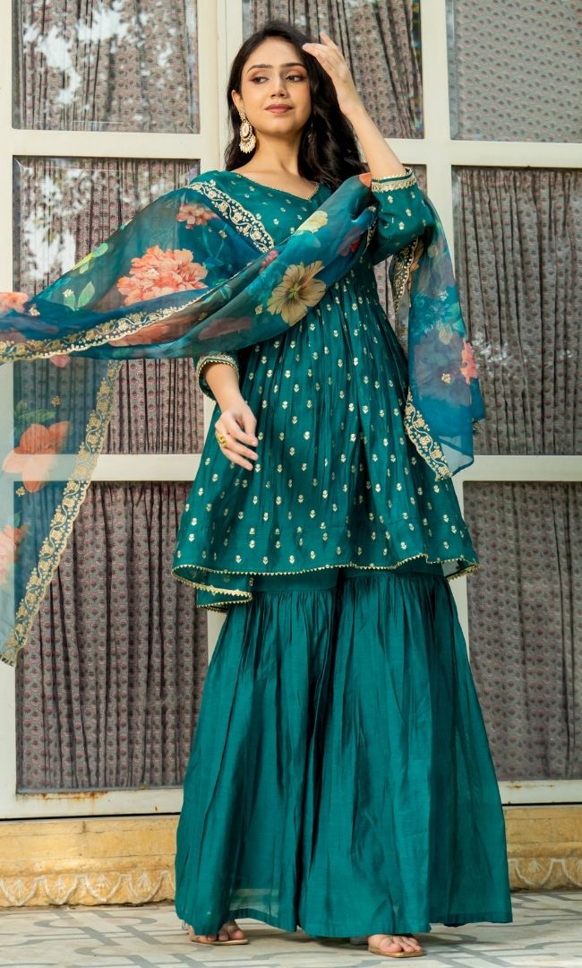 Pine Green Chanderi Sharara Set