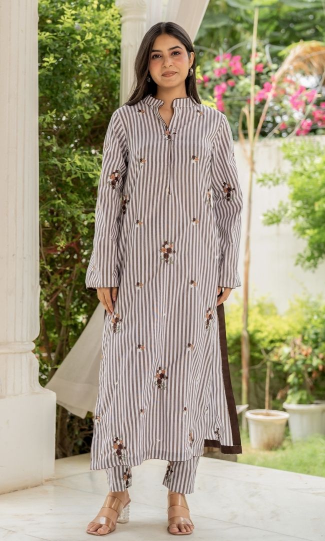 Hazal Brown Striped Kurta Co-ord Set
