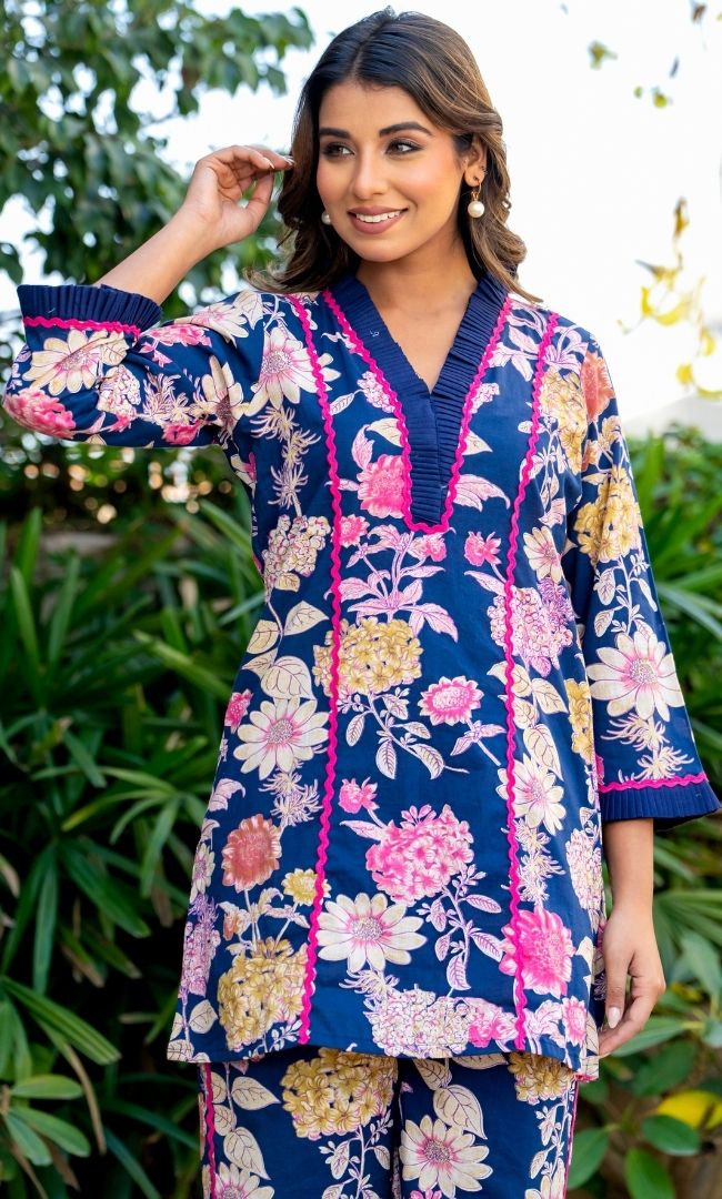 Dawn Blue Floral Kurta Co ord Set
