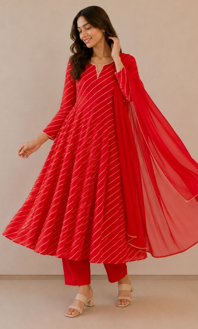 Red White Striped Leheriya Anarkali Set