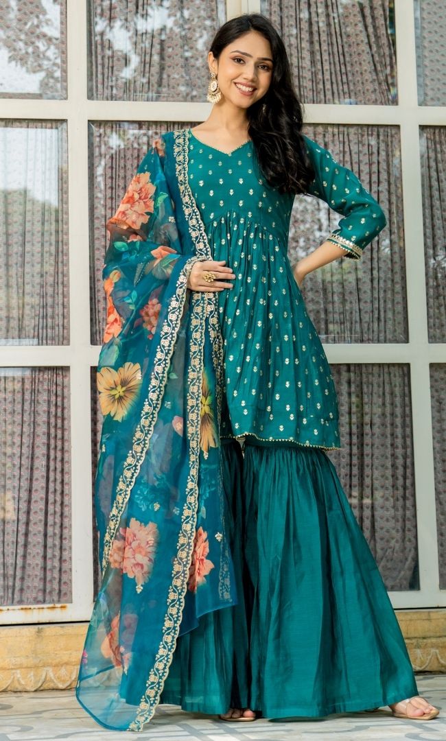 Pine Green Chanderi Sharara Set