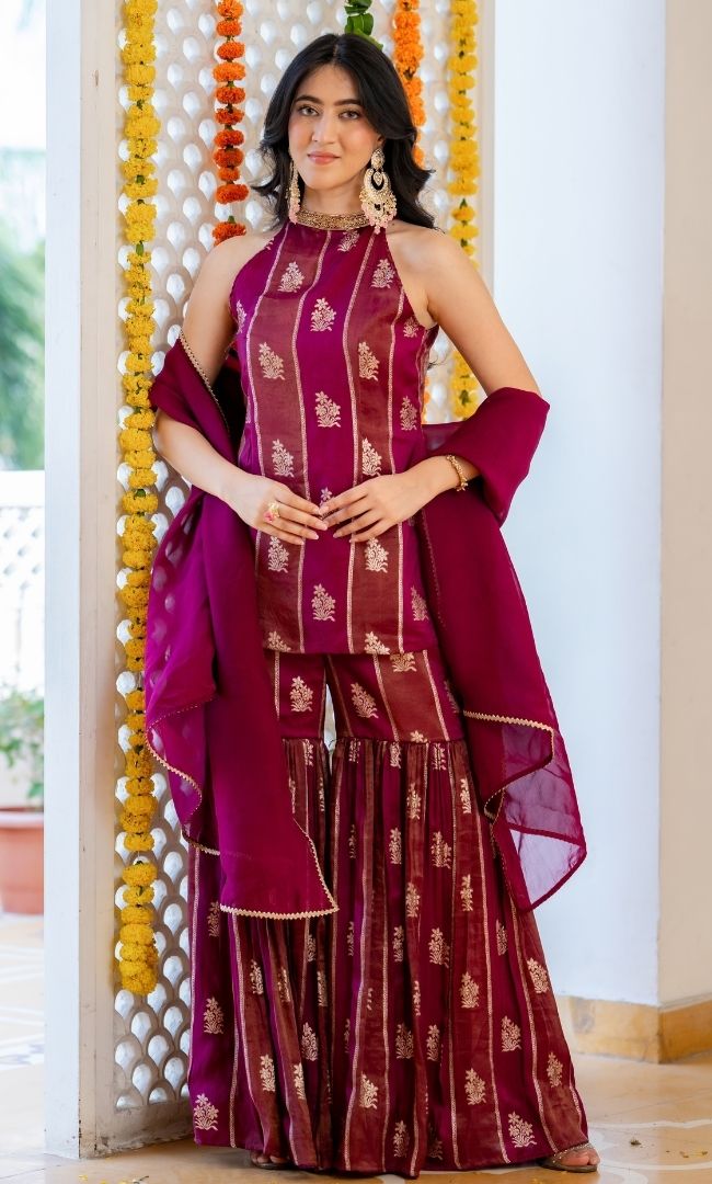 Alira Wine Brocade Sharara Set
