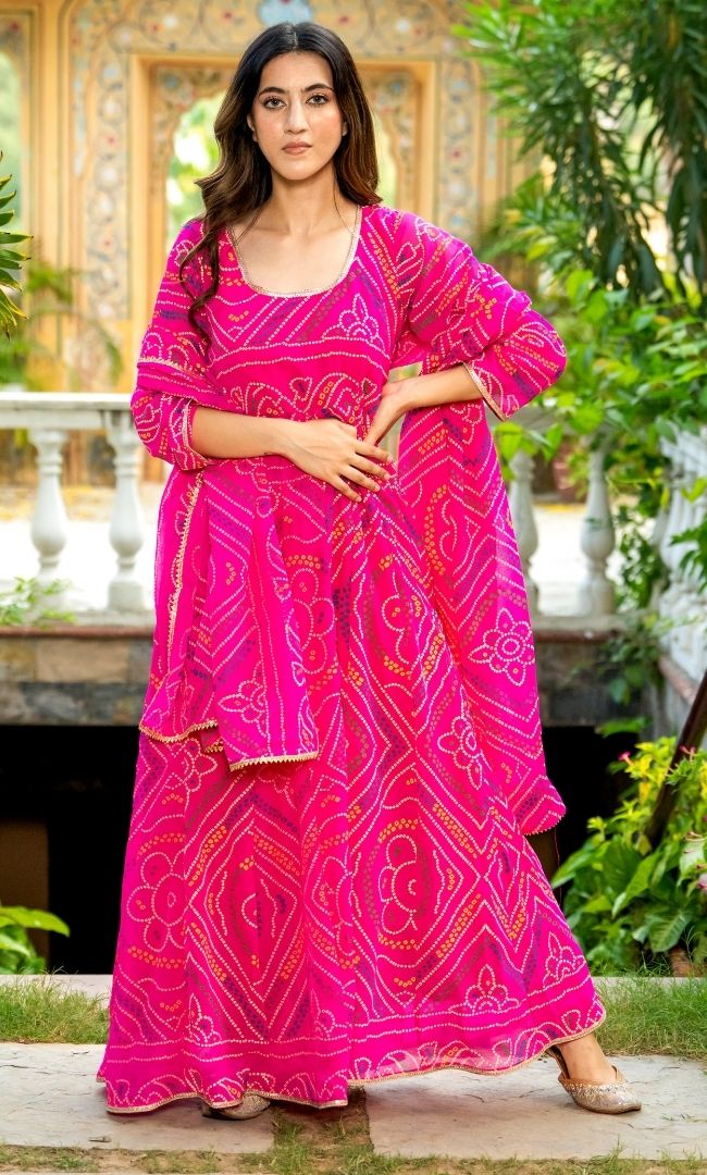 Fuchsia Pink Bandhej Anarkali Set