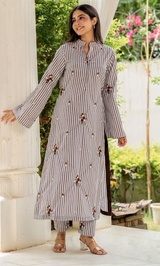 Hazal Brown Striped Kurta Co-ord Set