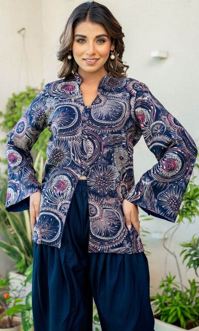 Navy Blue Stylish Printed Dhoti Set