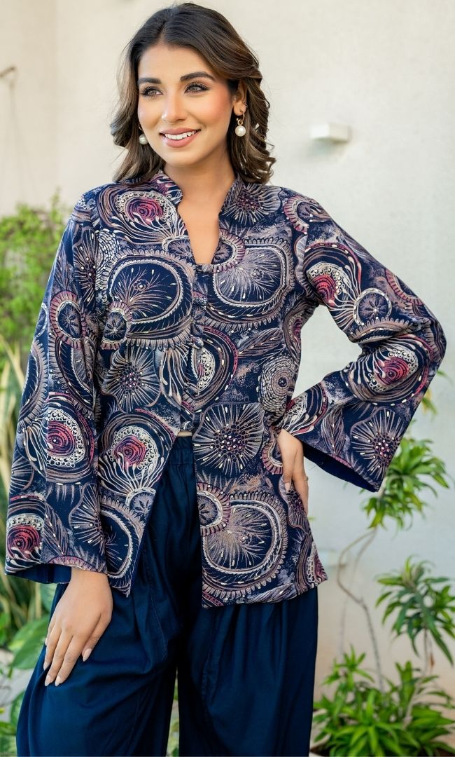 Navy Blue Stylish Printed Dhoti Set