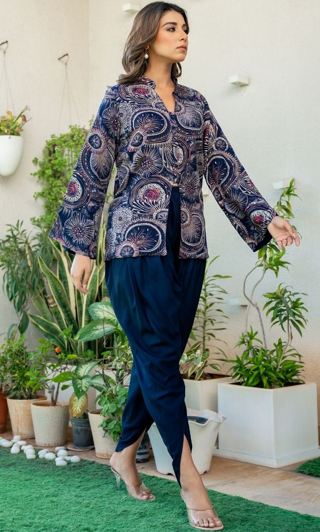 Navy Blue Stylish Printed Dhoti Set