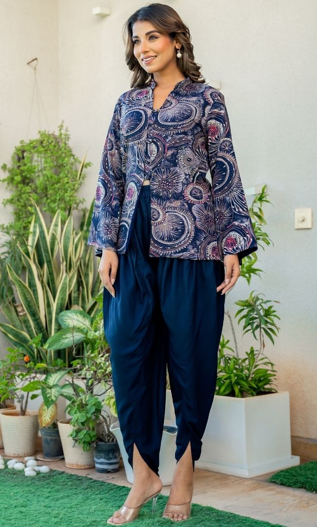 Navy Blue Stylish Printed Dhoti Set