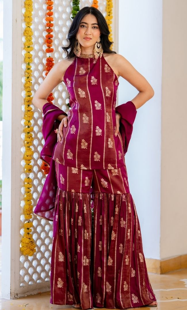 Alira Wine Brocade Sharara Set