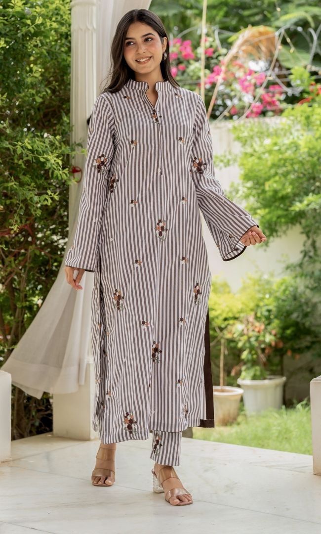 Hazal Brown Striped Kurta Co-ord Set