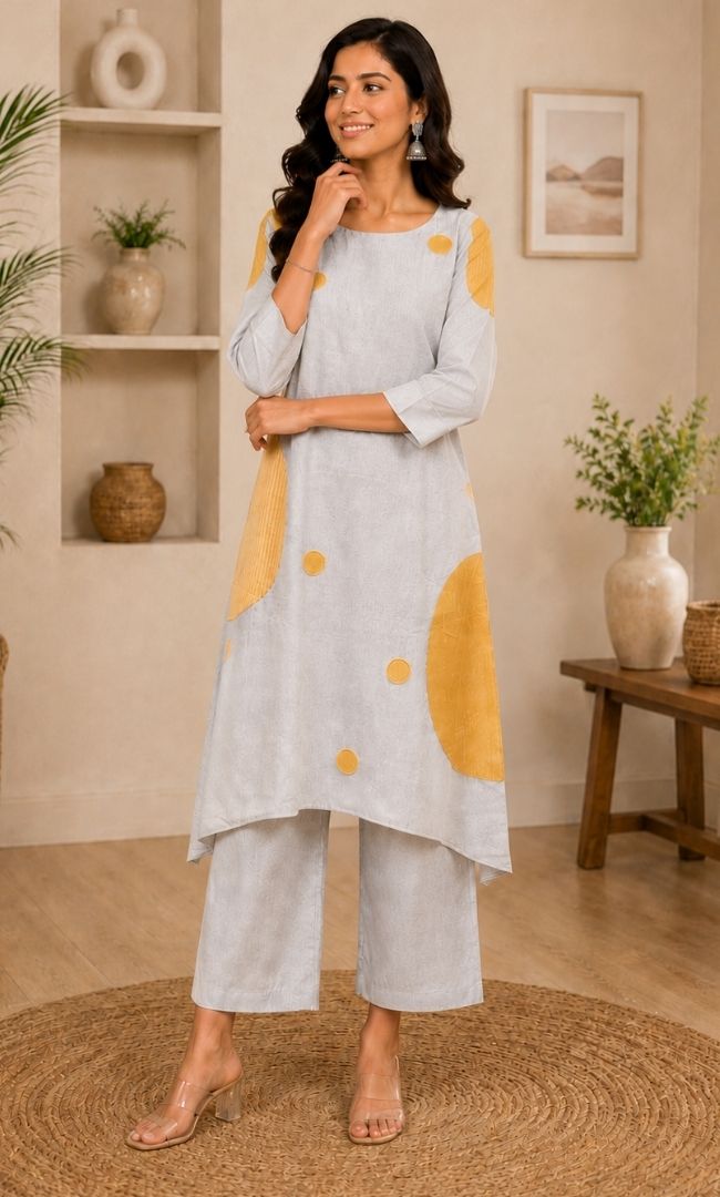 Light Grey Patch Work Kurts Set