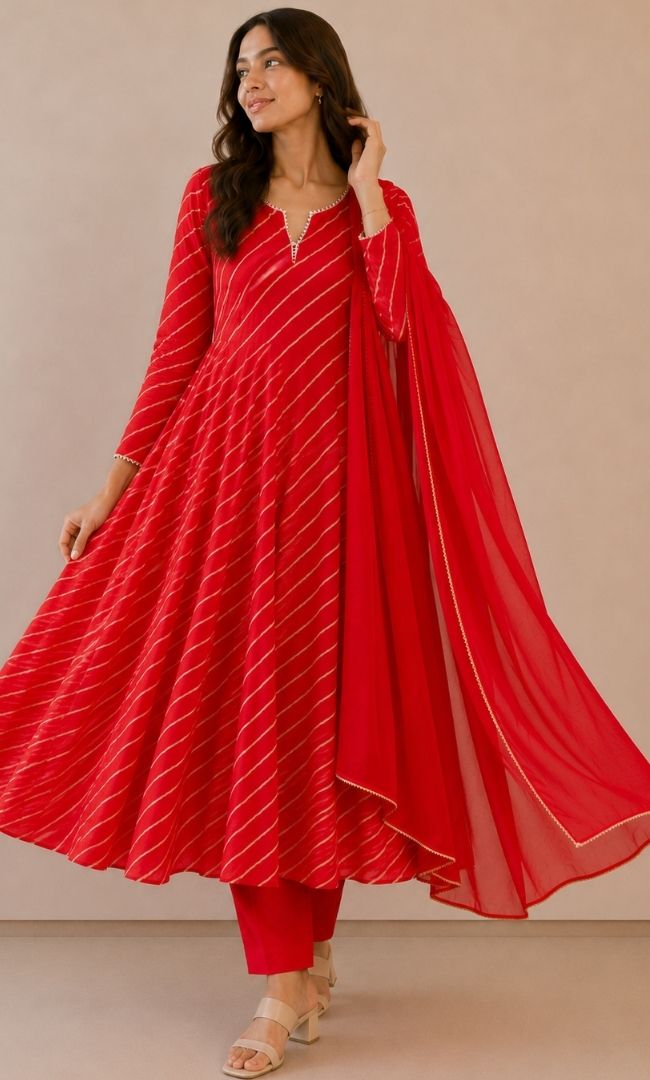 Red White Striped Leheriya Anarkali Set