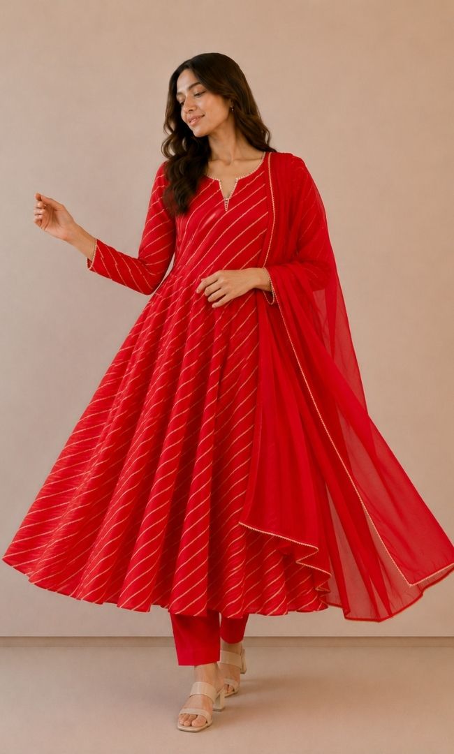 Red White Striped Leheriya Anarkali Set