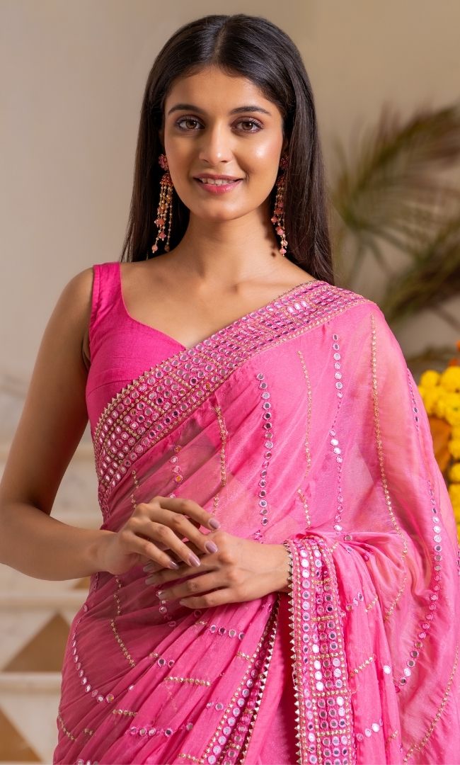 Pink Mirror Work Saree