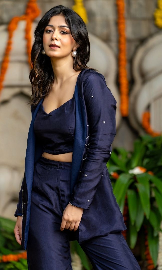 True Navy Silk Jacket Set
