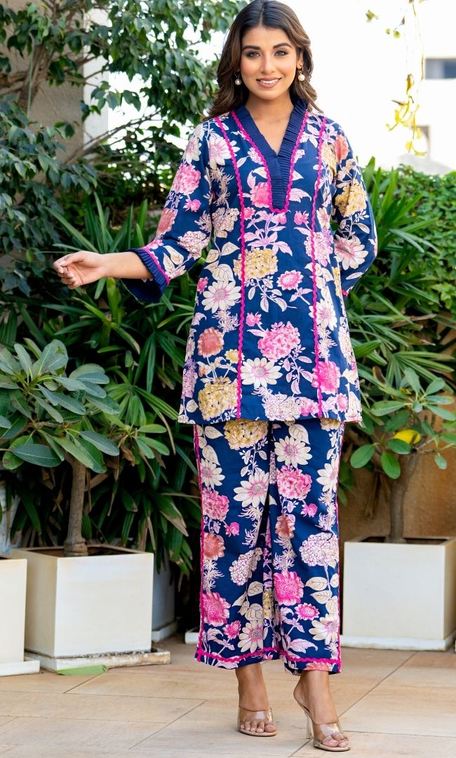 Dawn Blue Floral Kurta Co ord Set