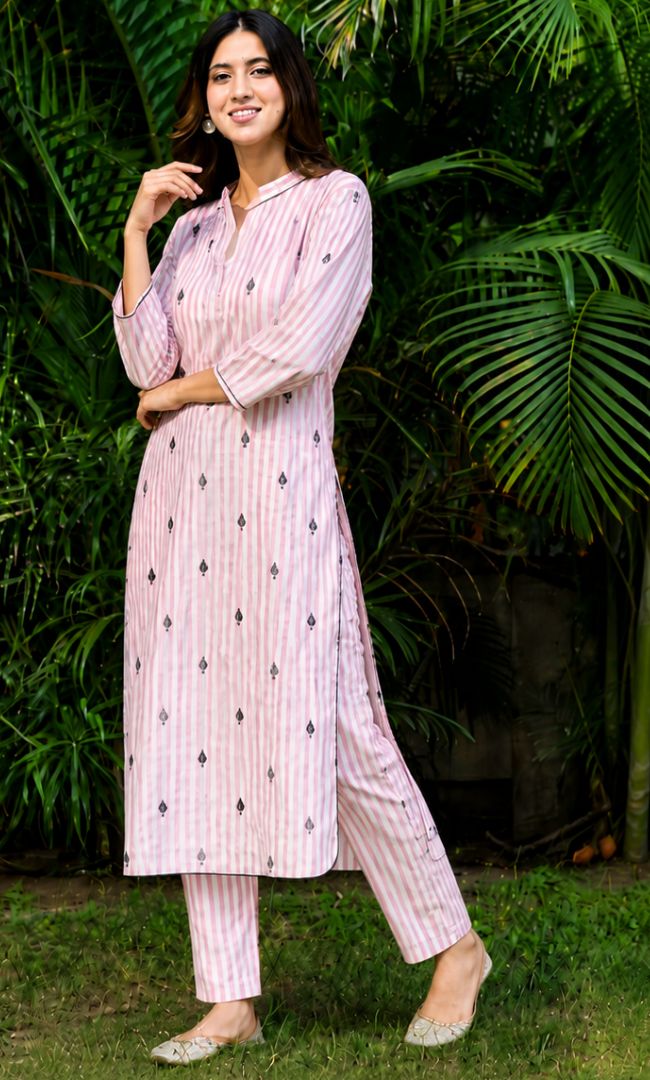 Striped Pikes Spades Cotton Kurta Set