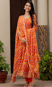 Leheriya Orange Anarkali Set