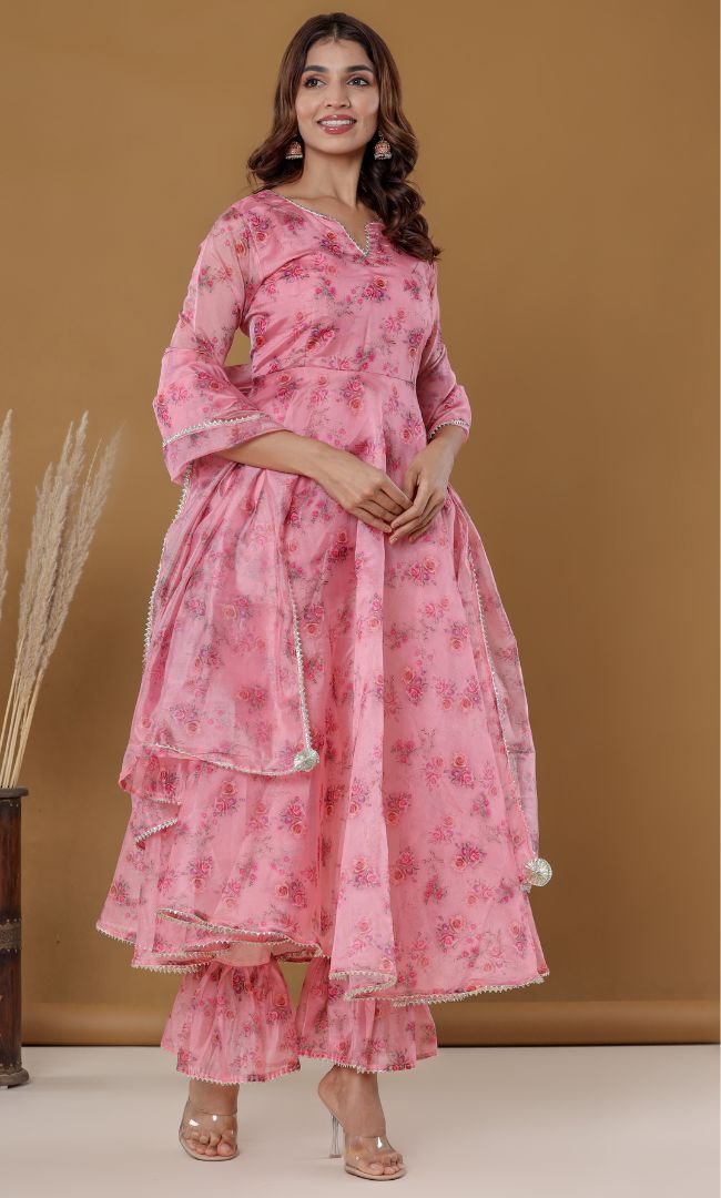 Rose Peach Floral Anarkali Set