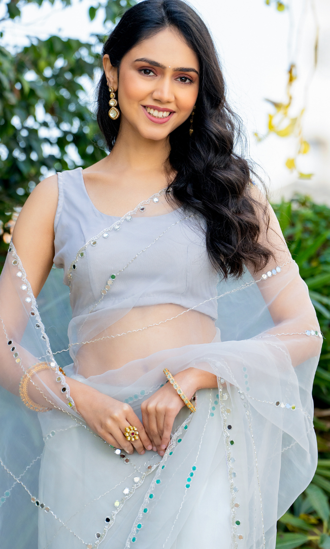 Grey Cutdana And Mirror Work Lines Saree