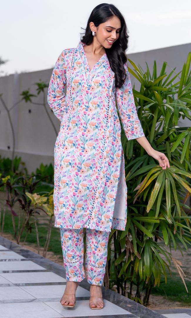 Pastel Floral Pintucks Kurta Set