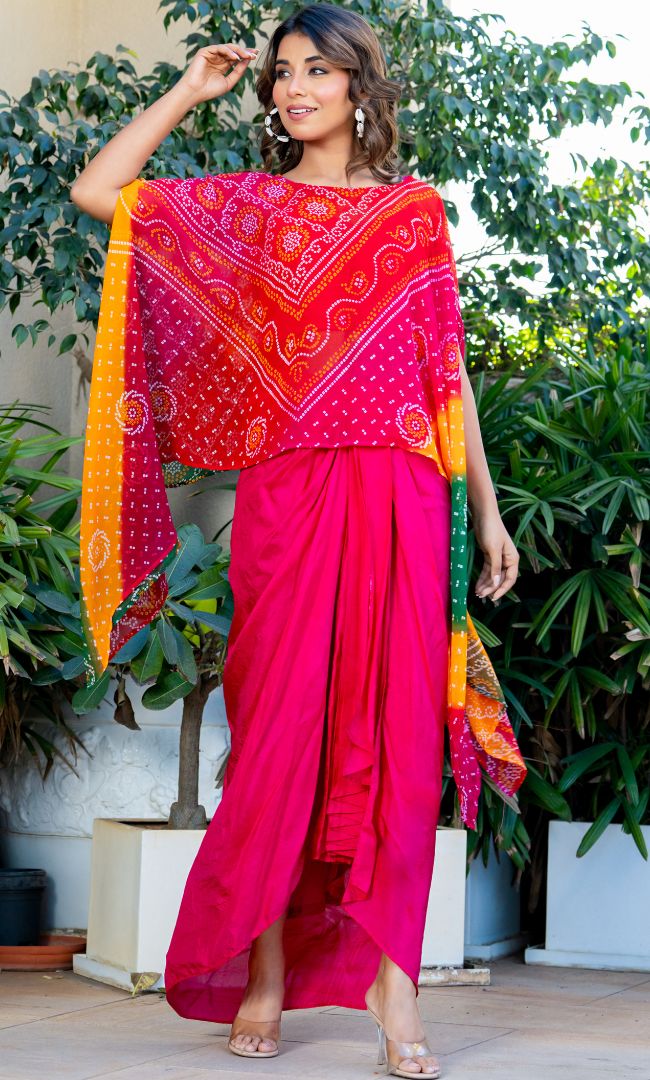 Hot Pink Bandhej Skirt Set