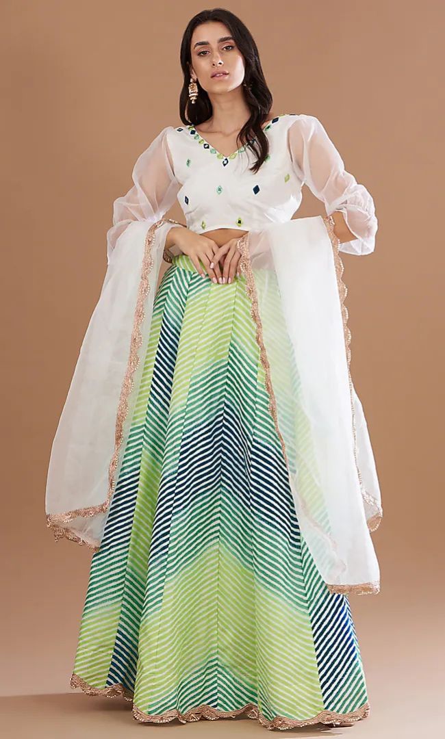 Green-Leheriya Kalidar Lehenga & Mirror Work Blouse With Dupatta Set