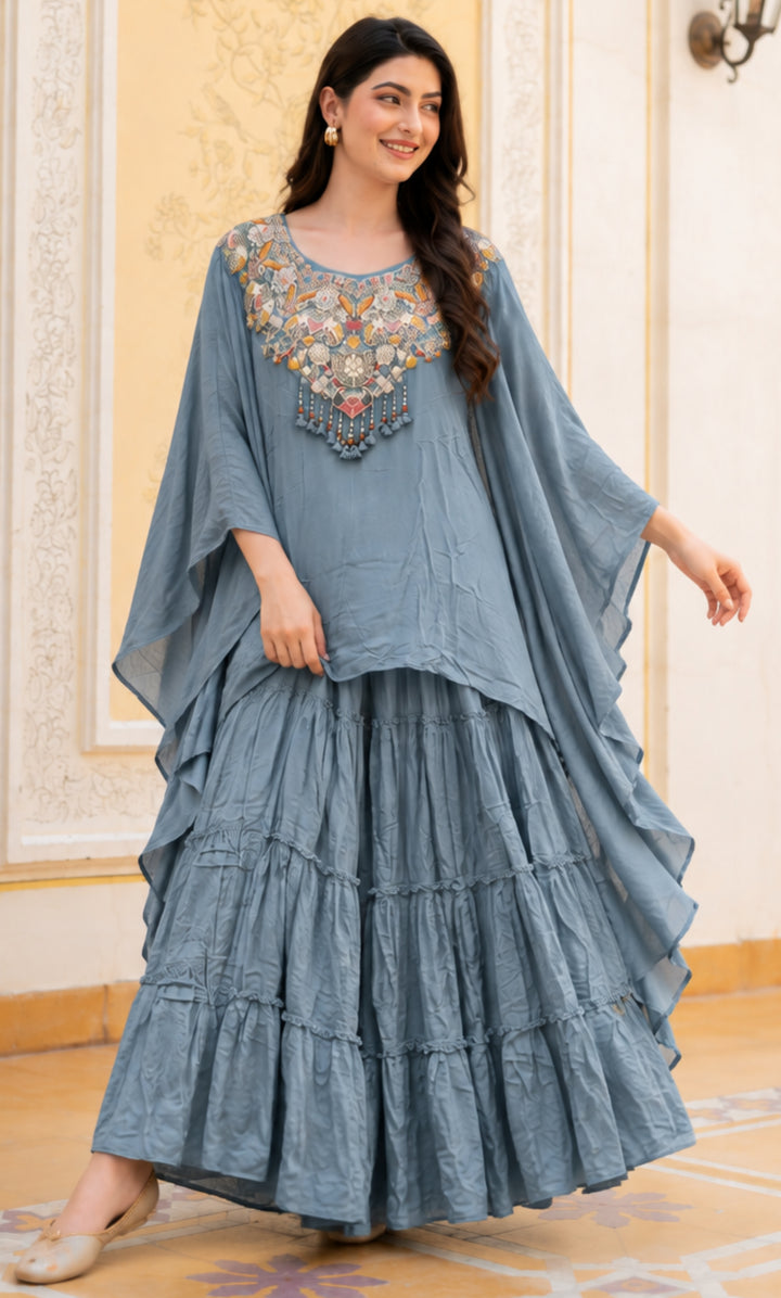 Silver Sky Chinnon Sharara Set