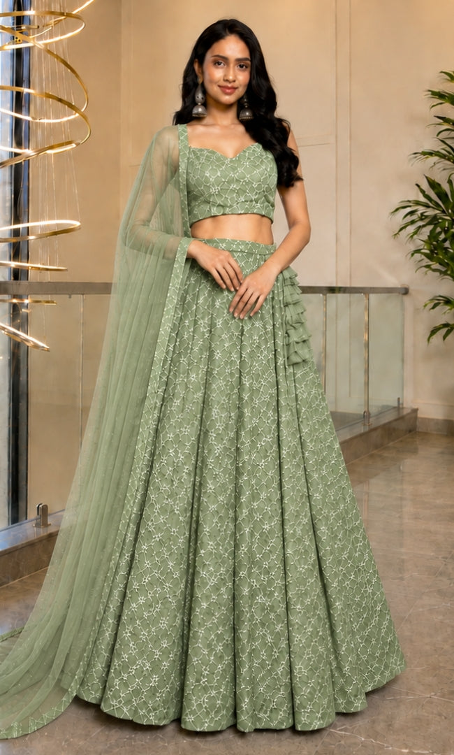 Herbal Green Jaal Embroidery Lehenga Set