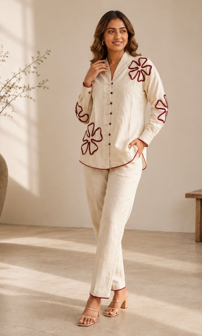 Ecru Maroon Linen Co-ord Set