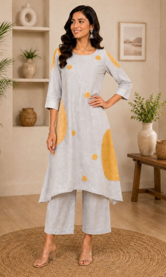 Light Grey Patch Work Kurts Set