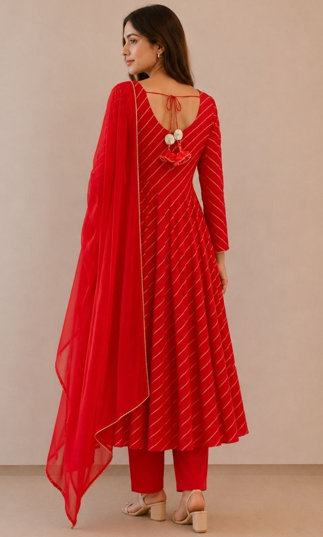 Red White Striped Leheriya Anarkali Set