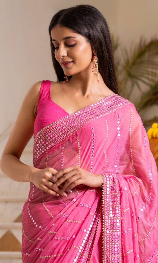 Pink Mirror Work Saree
