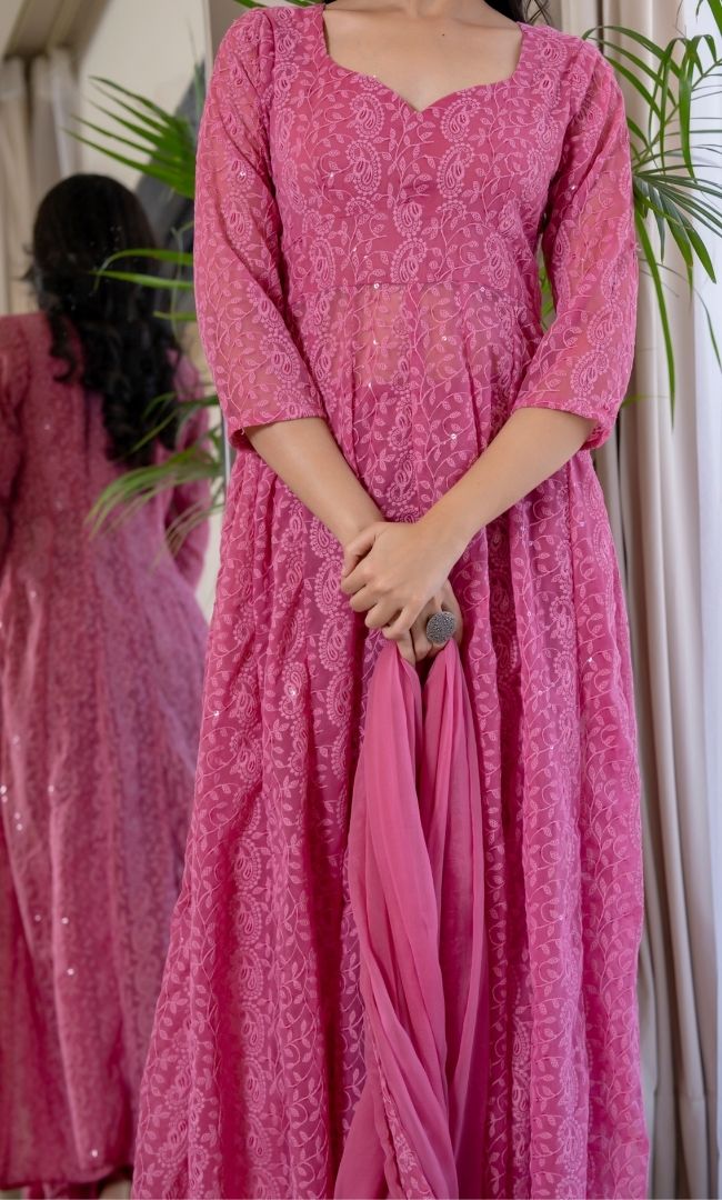 Syra Pink Chikankari Anarkali Set