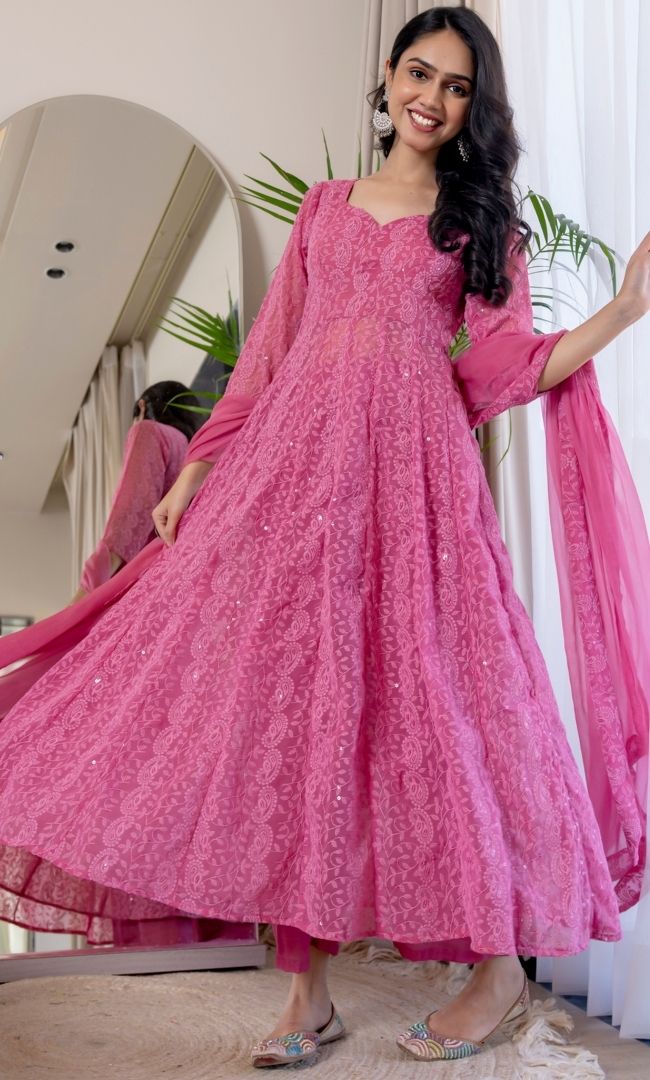 Syra Pink Chikankari Anarkali Set
