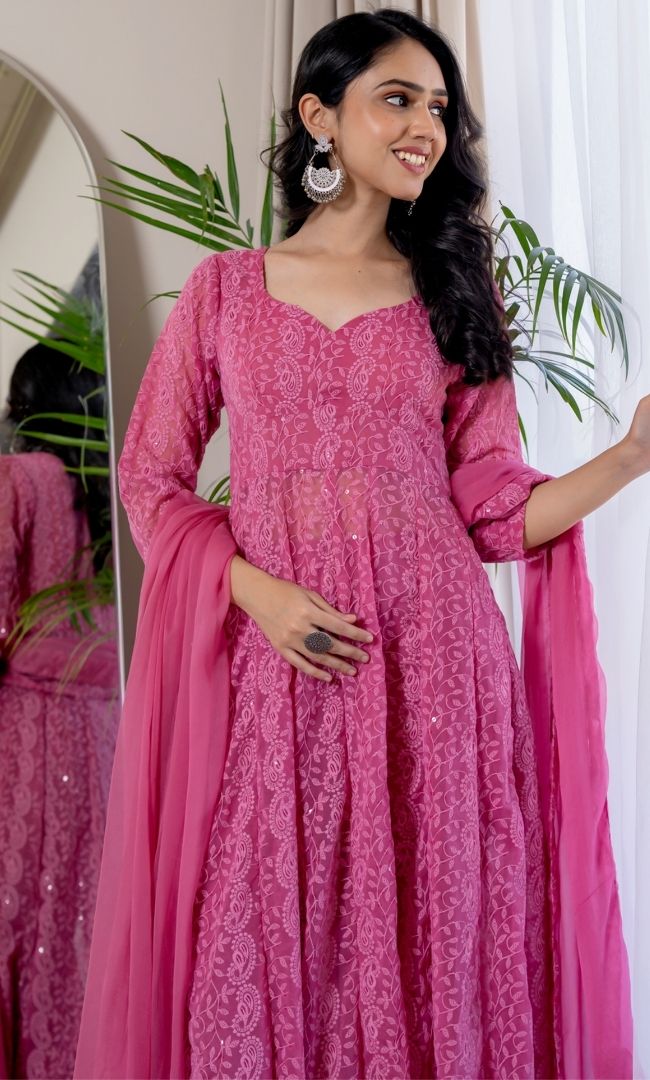 Syra Pink Chikankari Anarkali Set