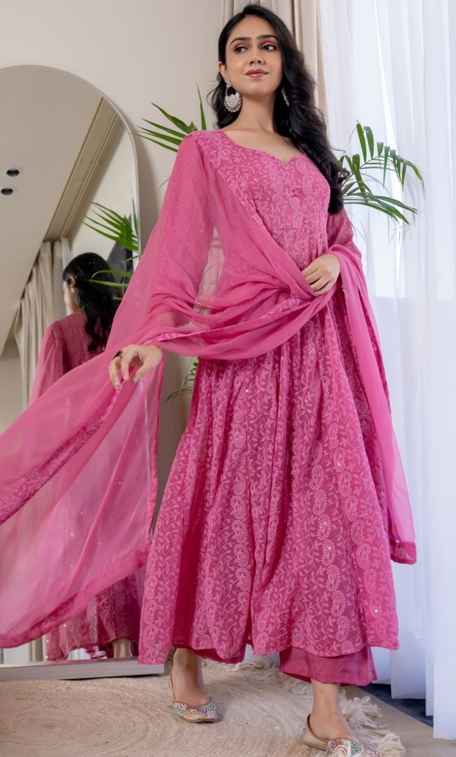 Syra Pink Chikankari Anarkali Set