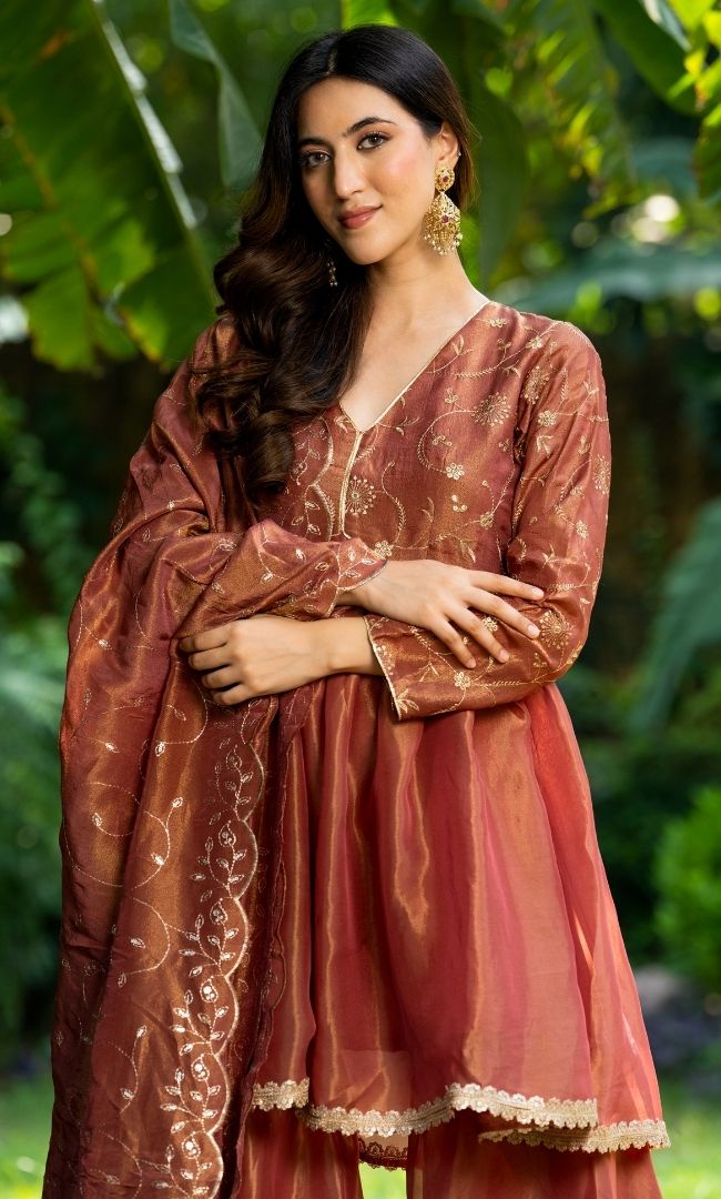 Neon Red Tissue Sharara Set