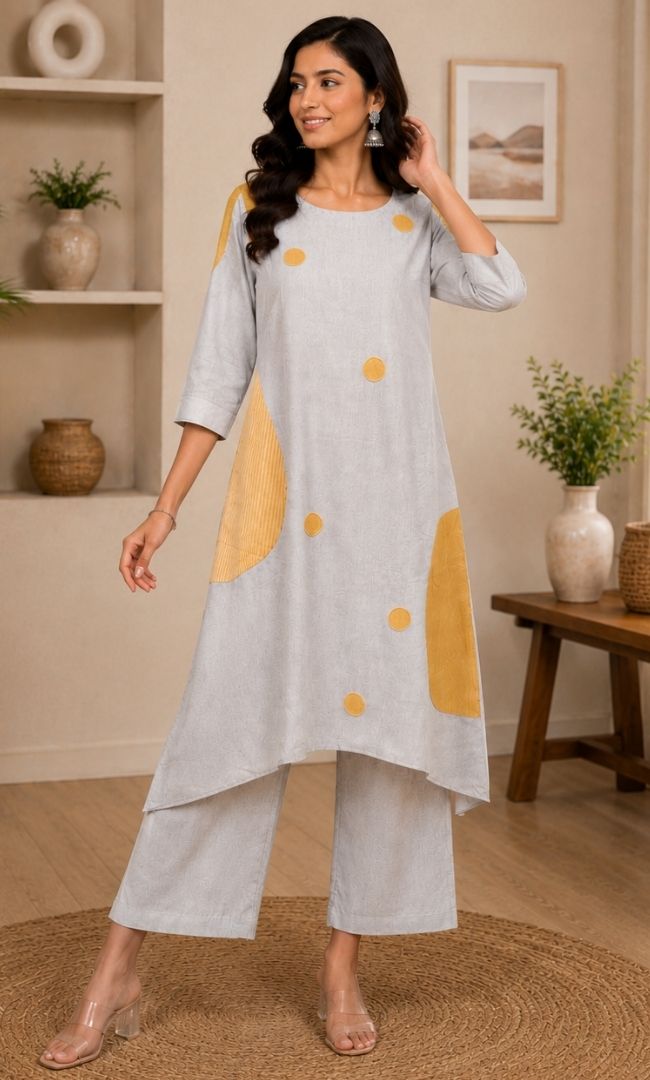 Light Grey Patch Work Kurts Set