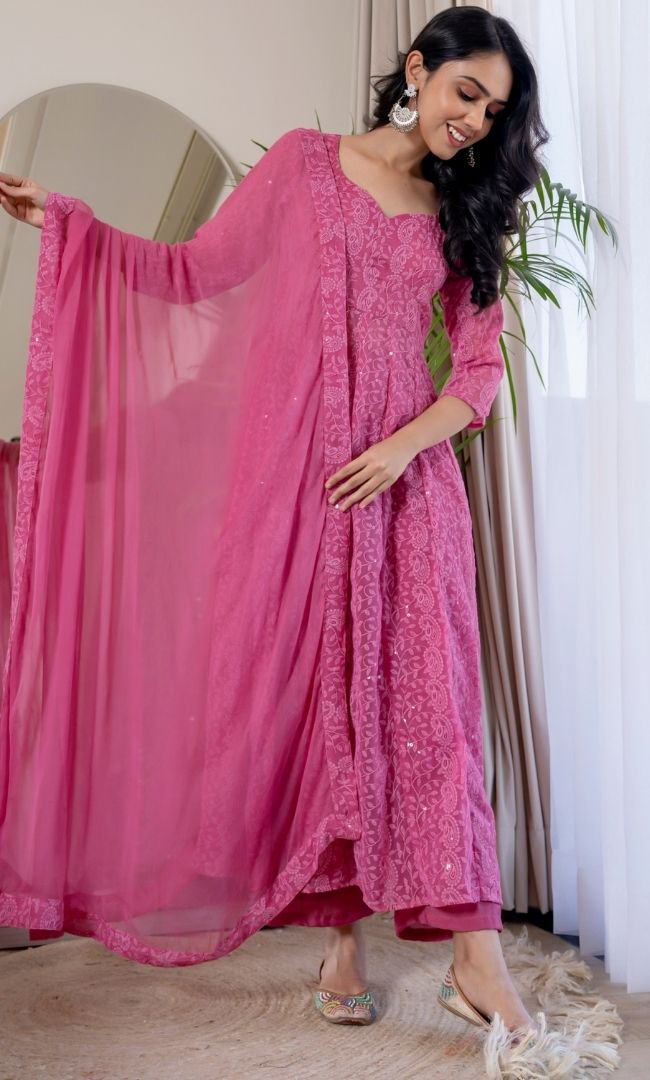 Syra Pink Chikankari Anarkali Set