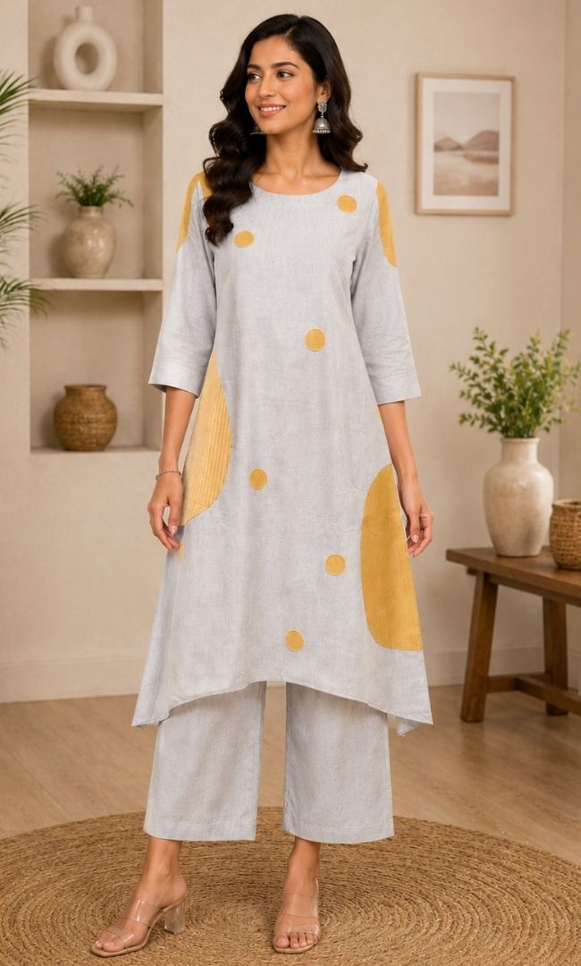 Light Grey Patch Work Kurts Set
