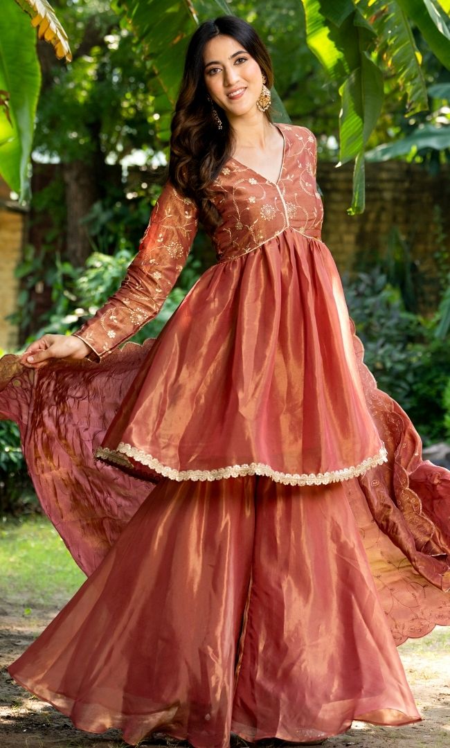 Neon Red Tissue Sharara Set