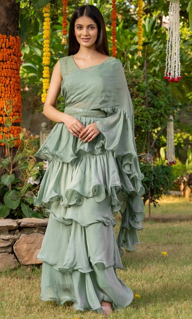 Sage Green Ruffle Saree