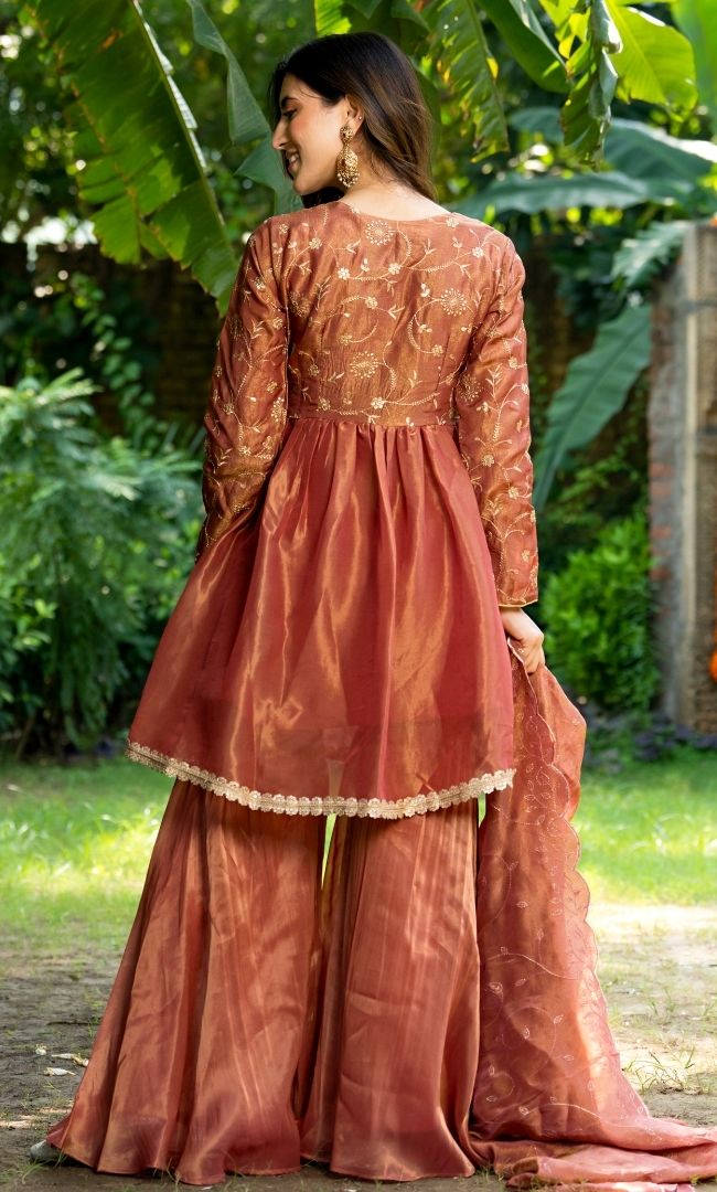 Neon Red Tissue Sharara Set