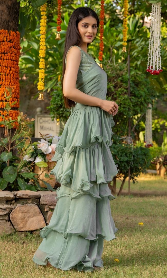 Sage Green Ruffle Saree